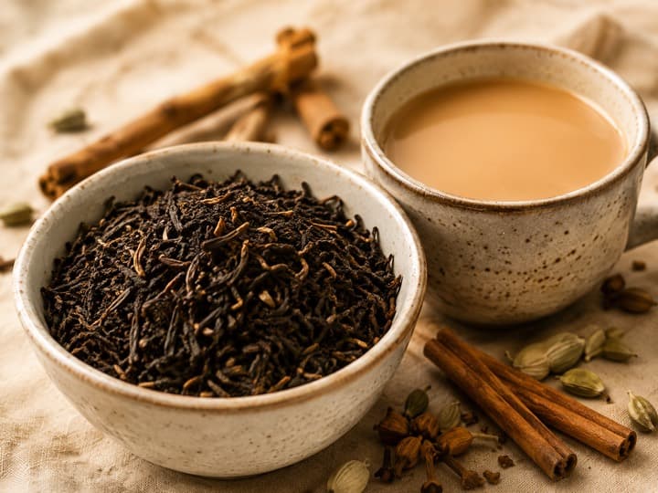 A bowl of Assam black tea leaves beside a cup of milky chai