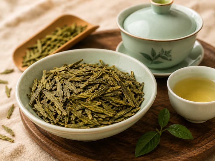 Flat jade Dragon Well green tea leaves beside a lidded cup