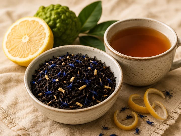 A bowl of Earl Grey tea with bergamot and lemon