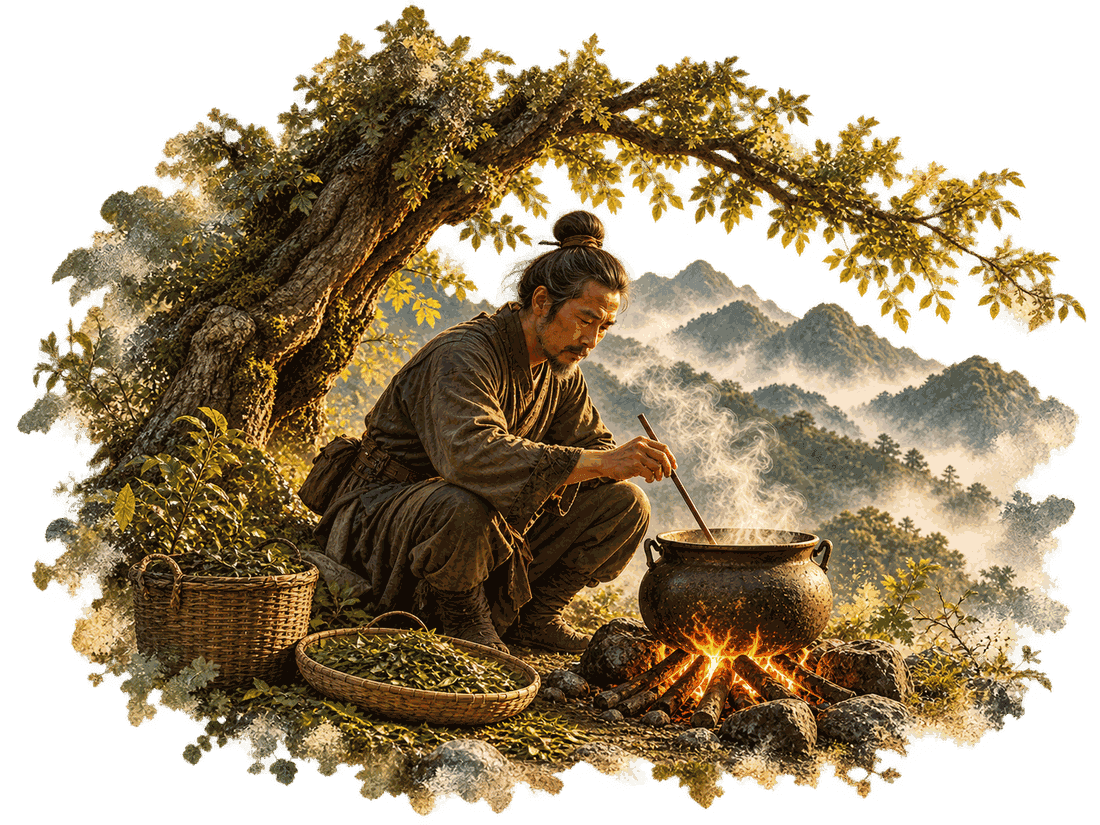 Emperor Shennong, the Divine Farmer, crouched beneath a tree stirring a steaming cauldron over a fire, baskets of leaves beside him, misty mountains behind