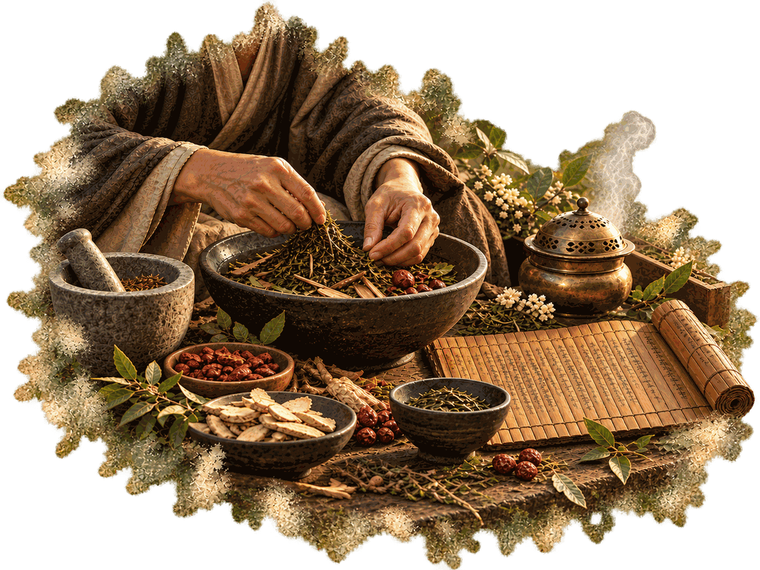 A healer's hands sorting dried tea among herbs in a dark bowl, a mortar and pestle, a bamboo-strip herbal and a brass censer in warm light