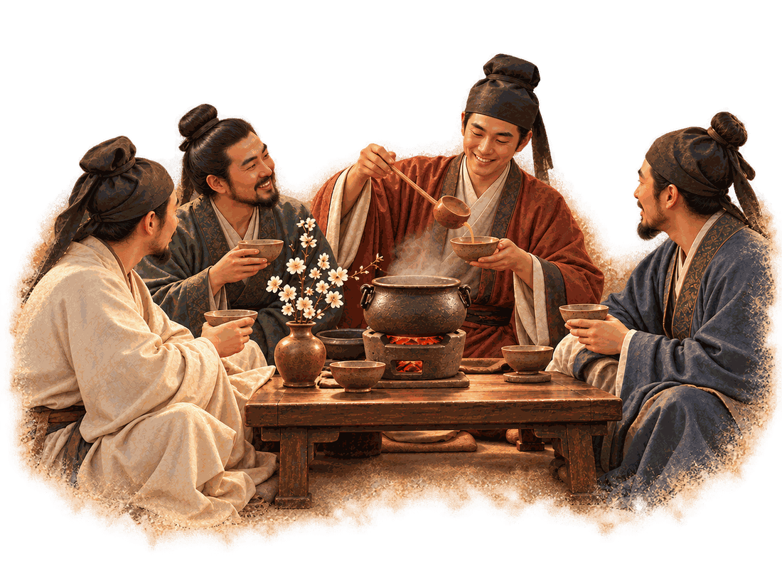 Four men in Tang headwraps share tea around a low table, one ladling tea from a small cauldron on a brazier into a bowl, a vase of white blossoms beside them