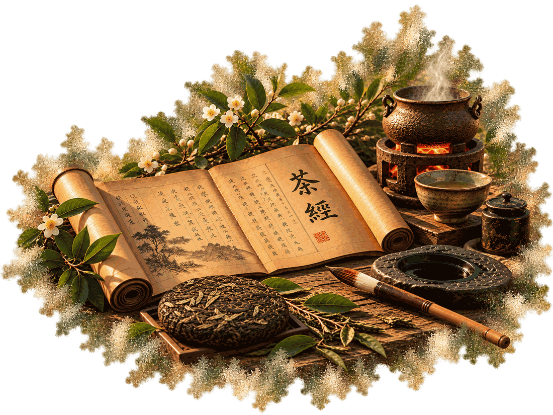 An open Tang scroll bearing the characters Cha Jing, a small iron cauldron steaming on a brazier, a pressed tea cake, a bowl of tea, a brush and an ink-stone