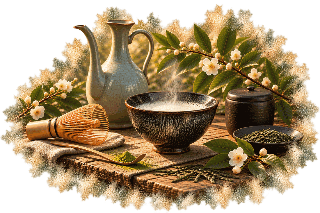 A tall-spouted ceramic ewer, a dark Jian-ware bowl of tea with white froth, a bamboo whisk, powdered tea on a scoop and a plain caddy beside a flowering tea branch