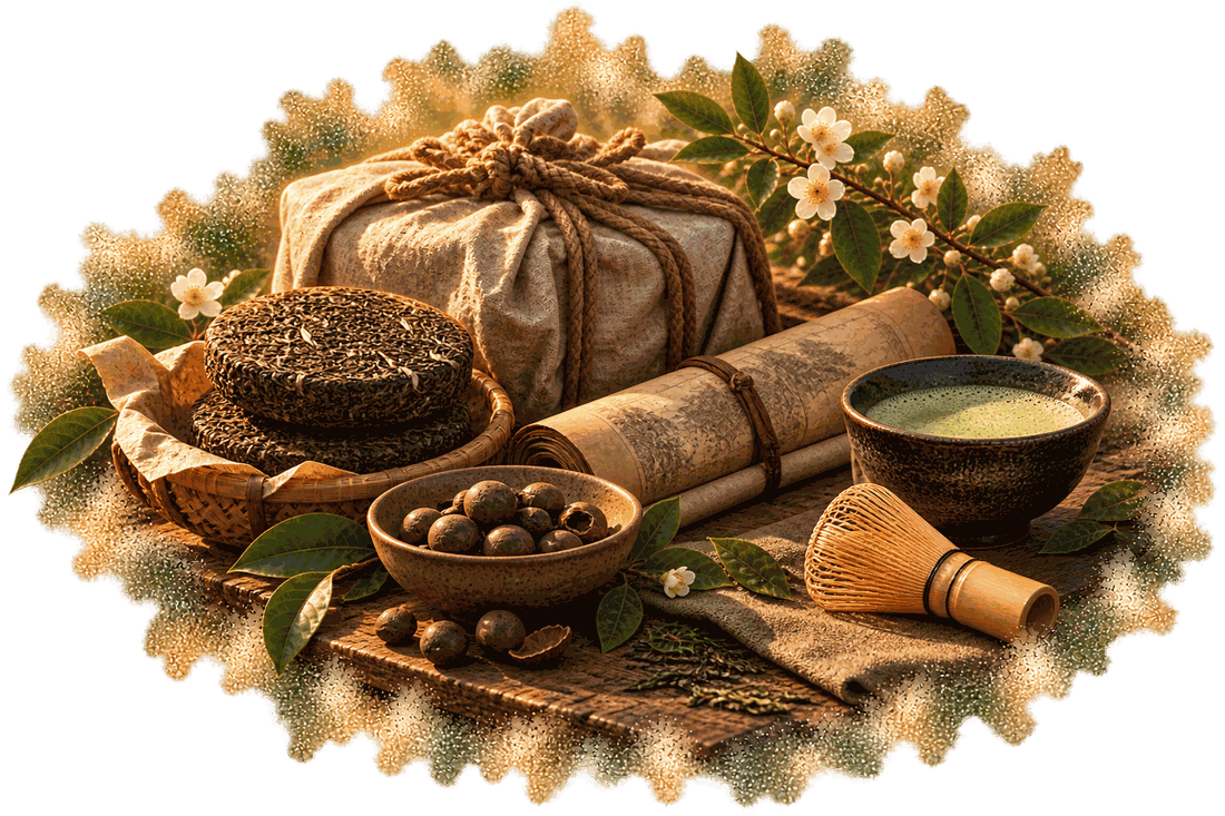A still life of what the monks carried: a cloth bundle, an old scroll, pressed tea cakes and a bowl of tea seeds, with a bowl of whisked matcha and a bamboo whisk