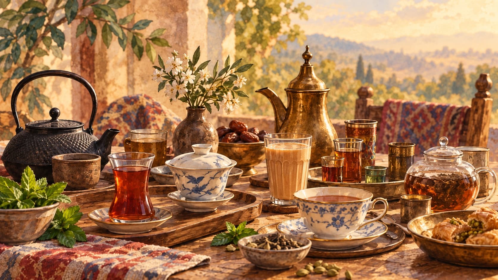 A laden shared table where many tea traditions sit within reach of one another: a Chinese kettle and gaiwan, a glass of red tea, a milky karak glass, an English cup, mint, cardamom, small glasses and larger cups together in warm light