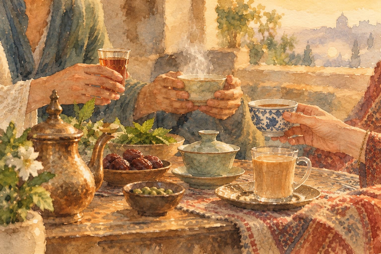 Hands around tea: one holding a small glass of red tea, another cradling a steaming bowl, a third receiving a blue-and-white cup, over a quiet corner of the table