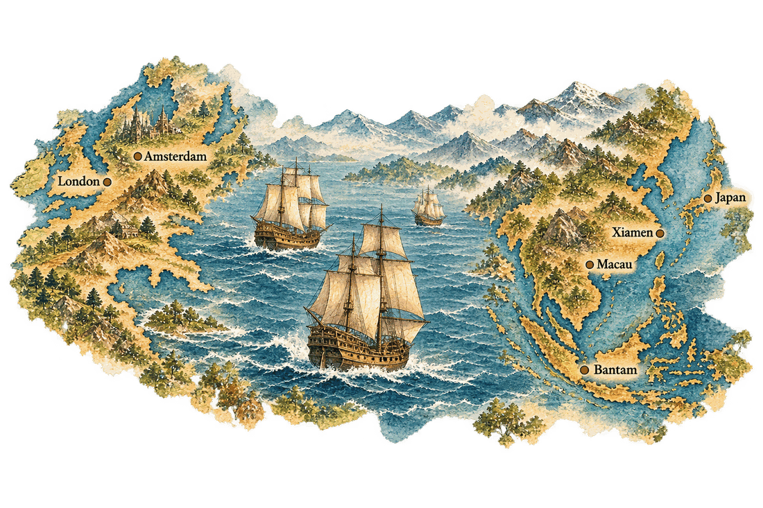 A painted old-style sea chart: London and Amsterdam on Europe’s coasts at the left, Macau, Xiamen, Japan and Bantam on Asia’s coasts at the right, and three sailing ships crossing the open sea between them