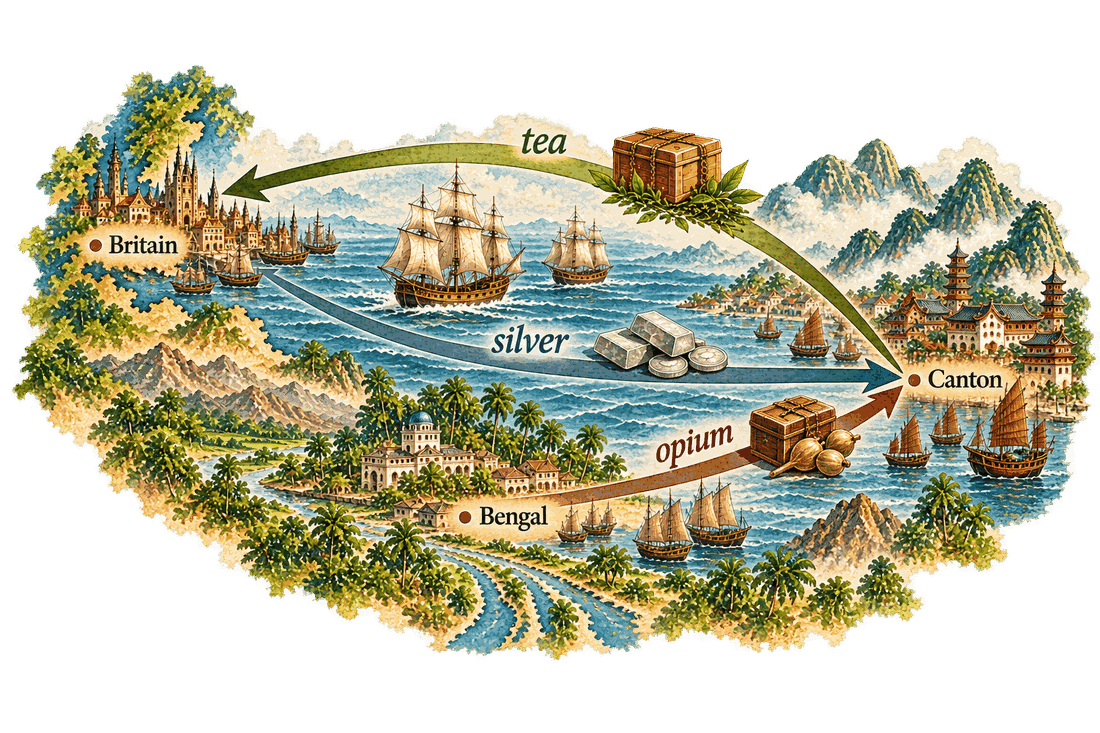 A painted old-style chart of three trade flows: a green band carries a tea chest from Canton to Britain, a blue band carries silver from Britain to Canton, and a red band carries a chest of opium from Bengal to Canton