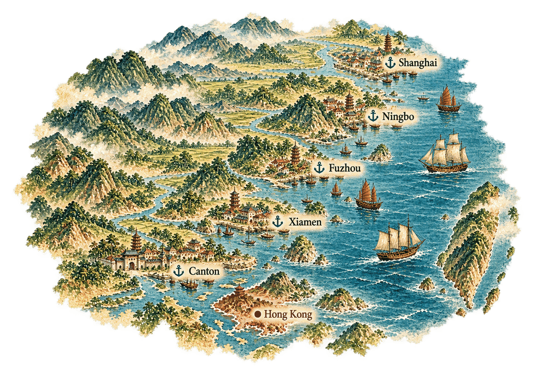 A painted old-style chart of the China coast: anchors mark Canton, Xiamen, Fuzhou, Ningbo and Shanghai from south to north, Hong Kong is a red-tinted island near Canton, and sailing ships stand offshore