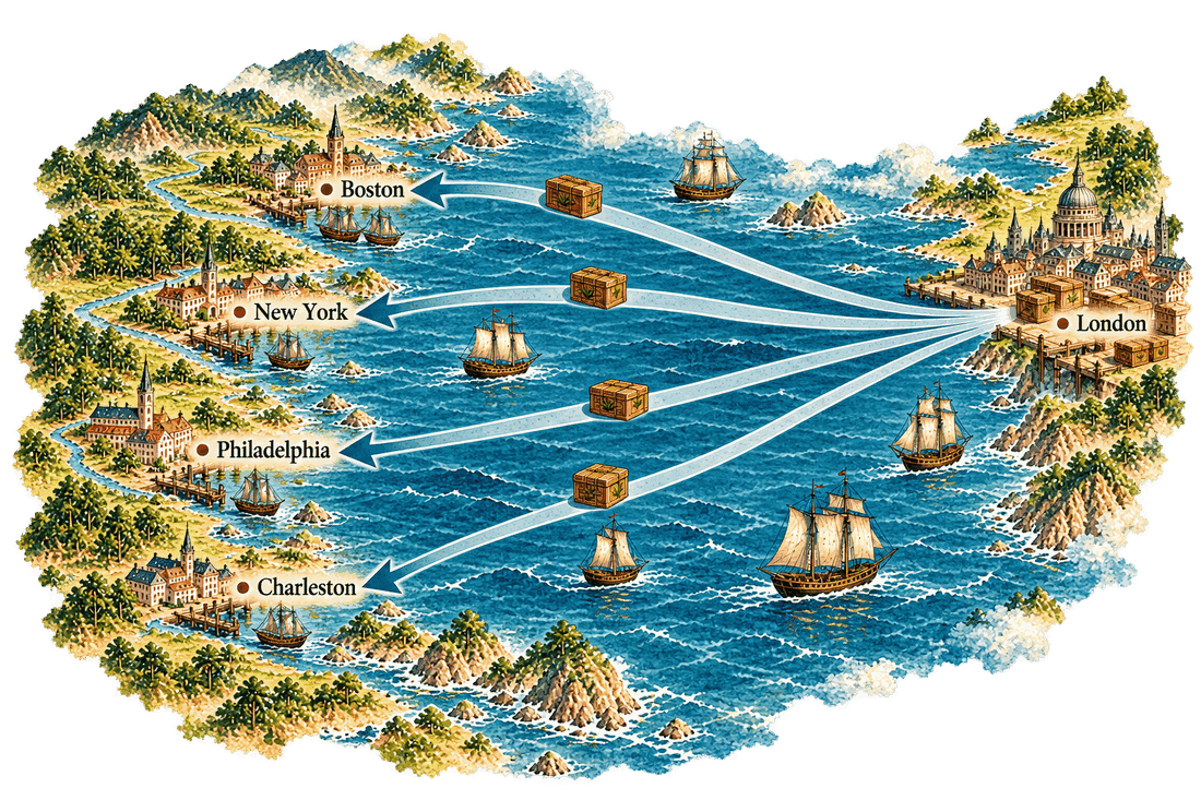 A painted old-style chart of the North Atlantic: from London’s wharf, stacked with tea chests, four bands carrying tea chests cross the ocean to Boston, New York, Philadelphia and Charleston, with sailing ships at sea