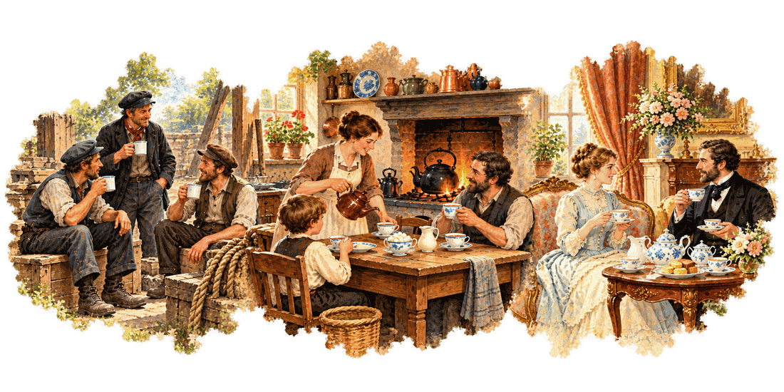 A painted scene in three parts: working men take a tea break with mugs in a workyard; a family sits at a kitchen table as the mother pours from a brown teapot, a kettle on the fire behind; and a well-dressed couple take tea from a porcelain service in a parlor