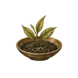 A bowl of dried tea leaves with fresh shoots rising from it