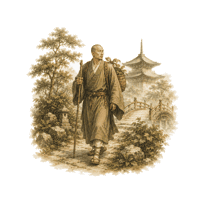 A traveling monk on a path beside a pagoda