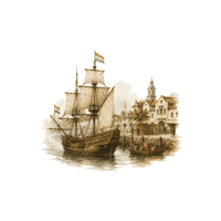 Trading ships moored at a European harbor