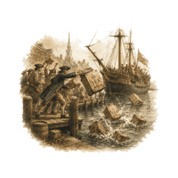 Crates of tea thrown from a ship into Boston harbor