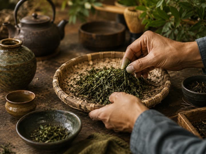 Hands sorting fresh tea leaves in a basket