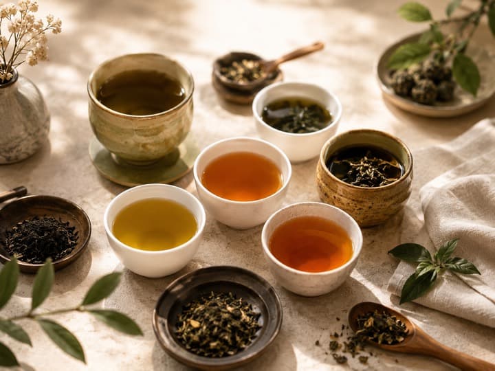 An array of teas and bowls to taste