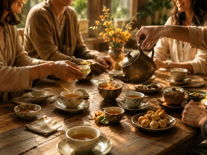 Hands pouring tea for a laden table