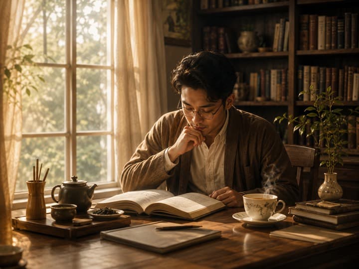 A reader at a sunlit desk with books and tea