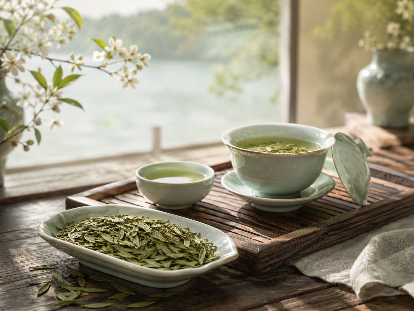 A glass of Dragon Well green tea with flat jade Longjing leaves