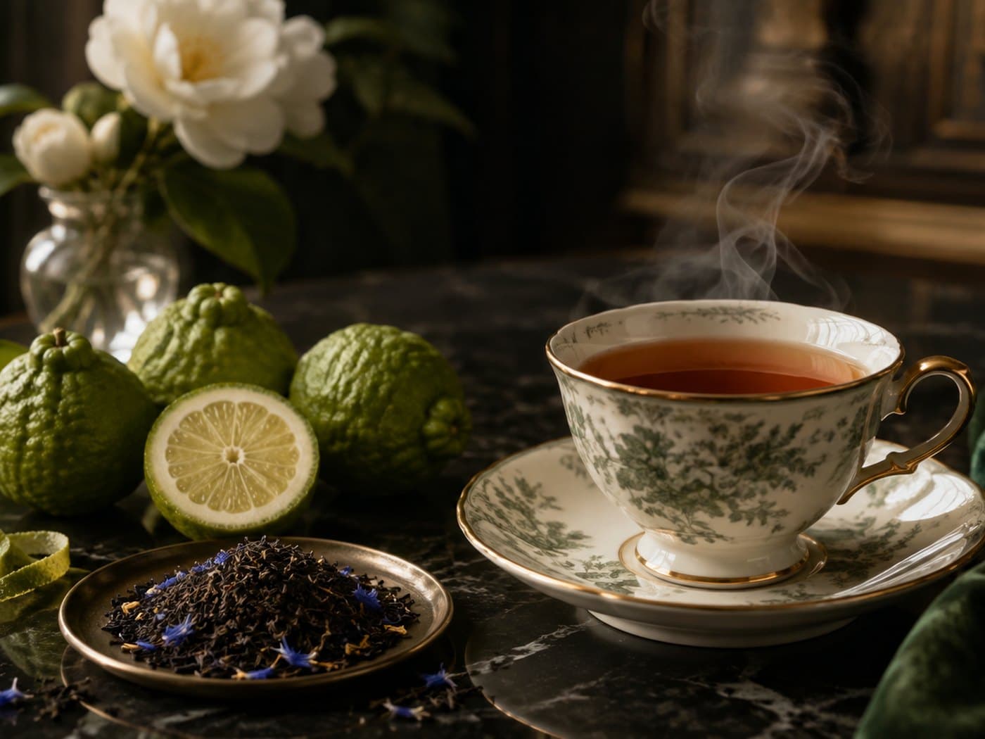 A cup of Earl Grey tea with bergamot, citrus and cornflower