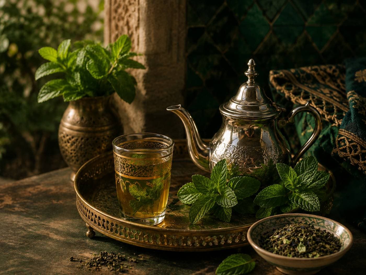 Moroccan mint tea poured from a height into a glass, with fresh spearmint