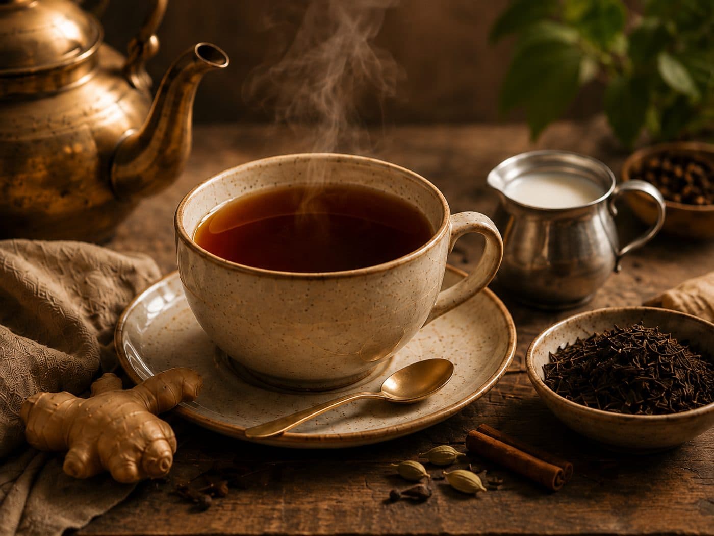 A steaming cup of Assam tea with a brass pot, milk, ginger and spices