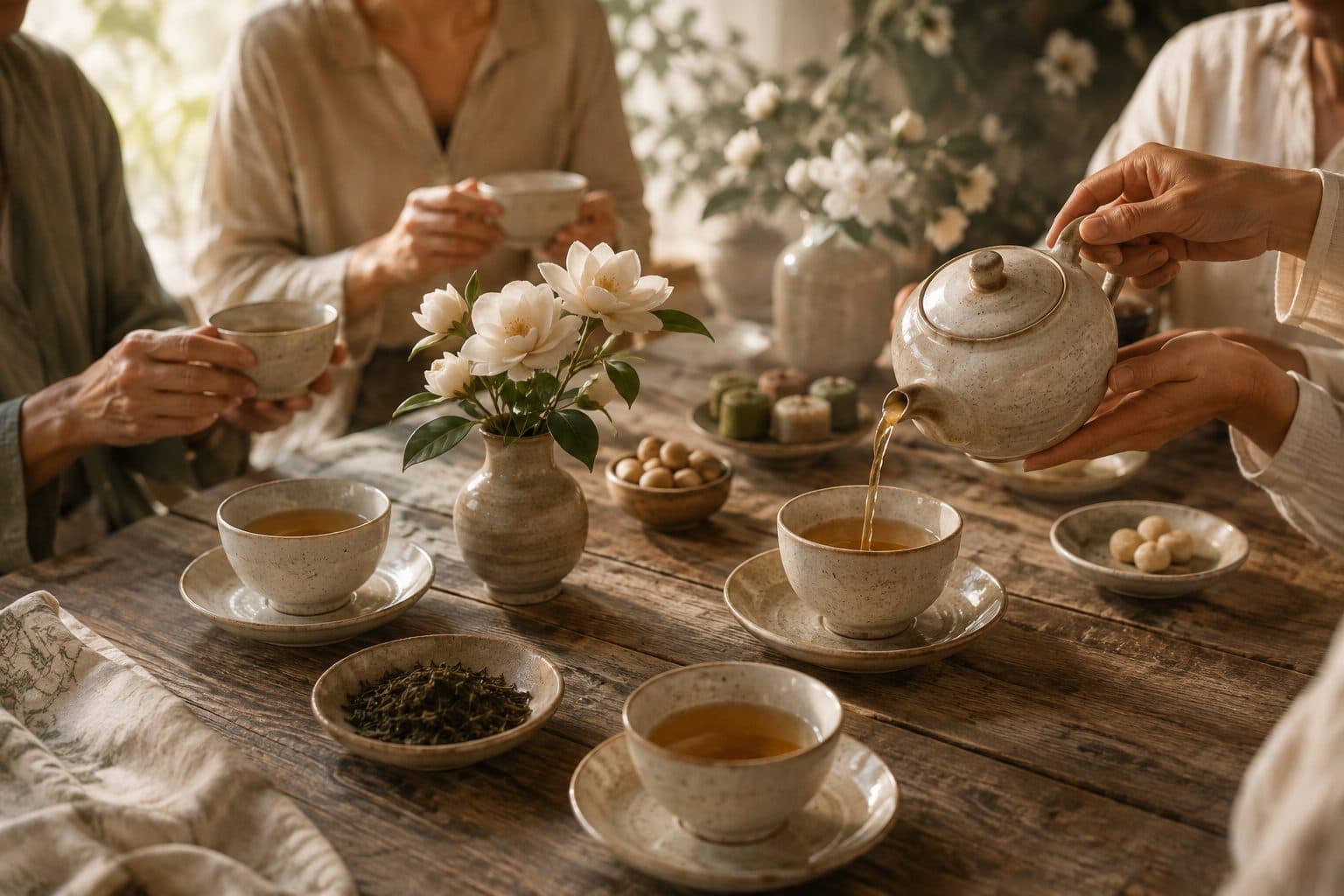 A shared tea table — cups, a pouring pot, tea leaves and jasmine in warm light