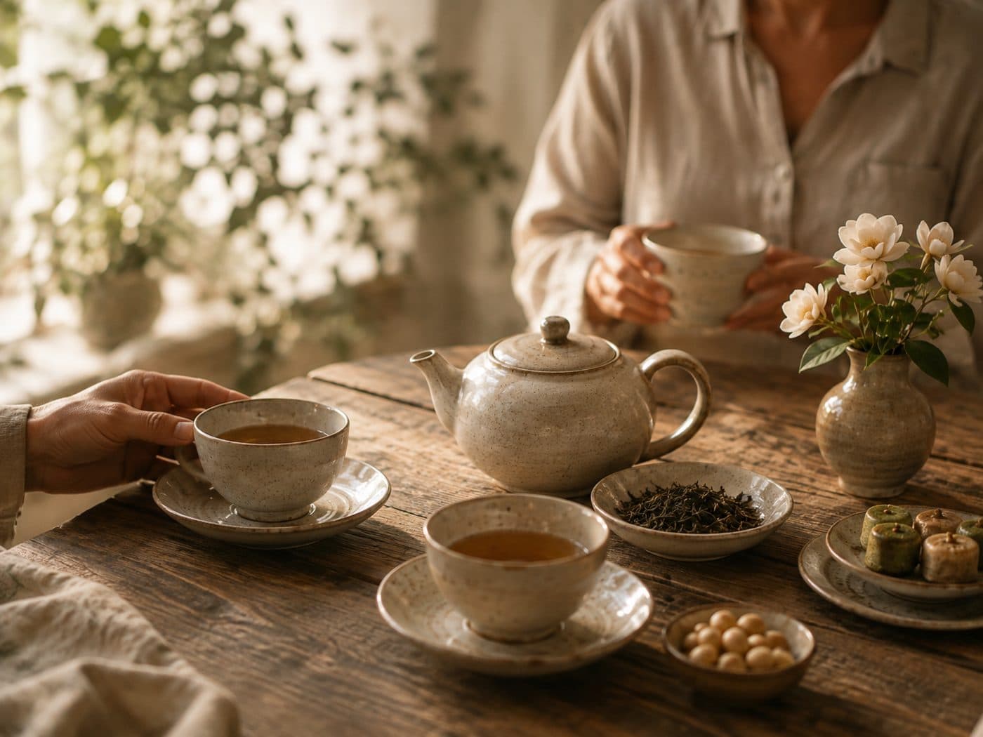 A shared tea table set for guests
