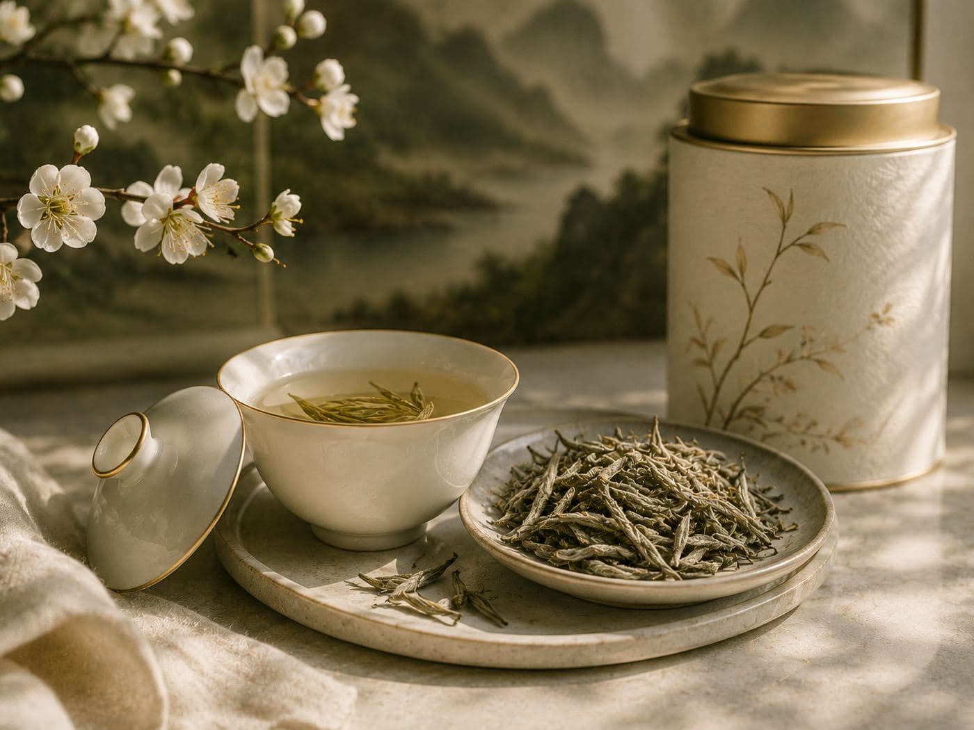 Silver Needle white tea buds in a glass, pale and downy