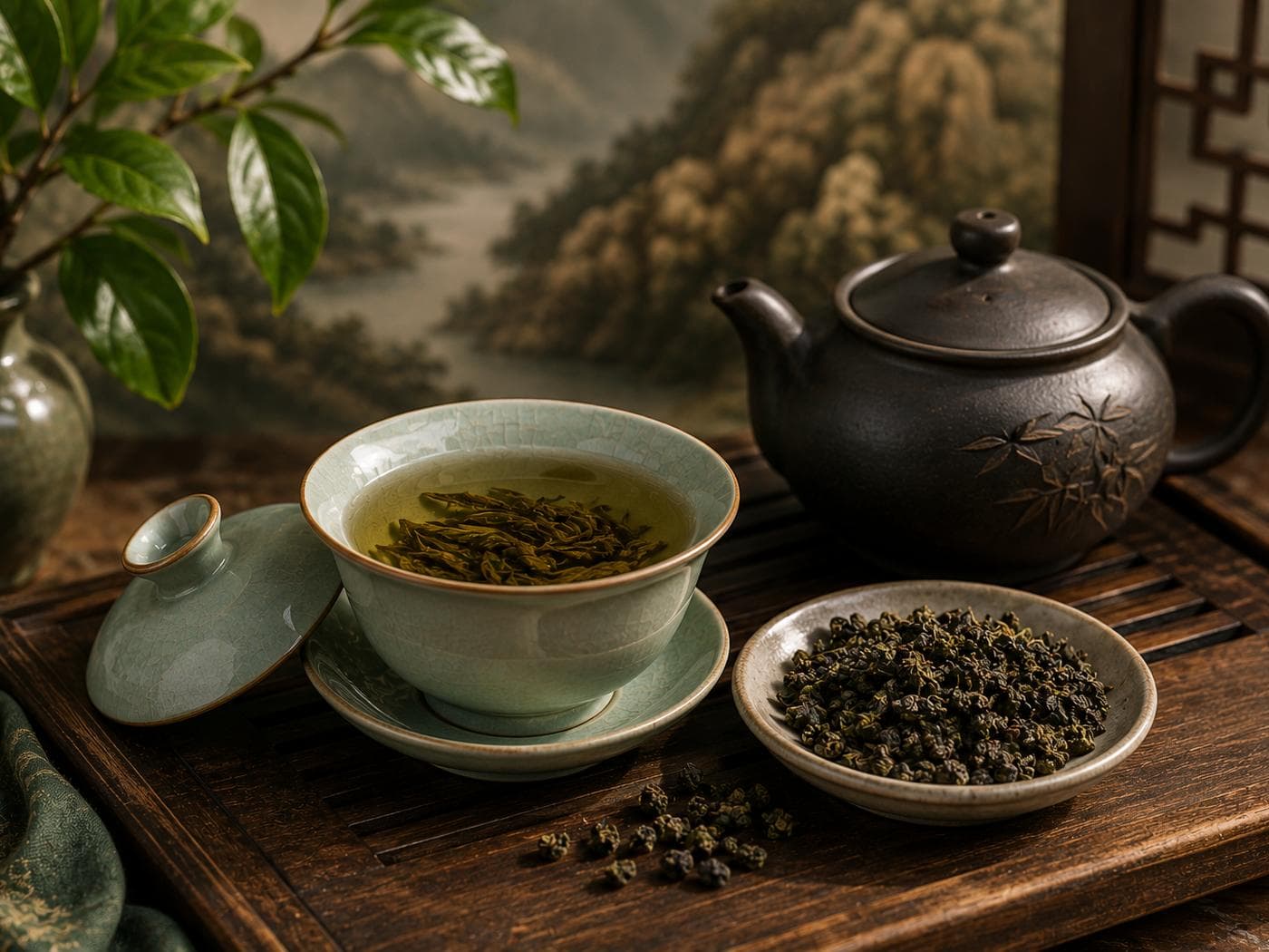 Tie Guan Yin oolong brewed gongfu-style, rolled leaves opening in a gaiwan